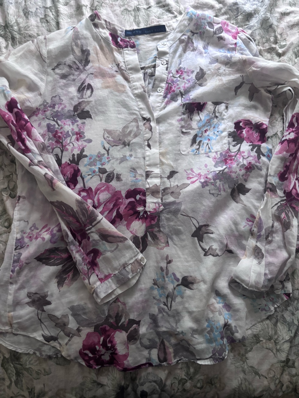 Zara White Blouse with Plum and Lavender Floral Print